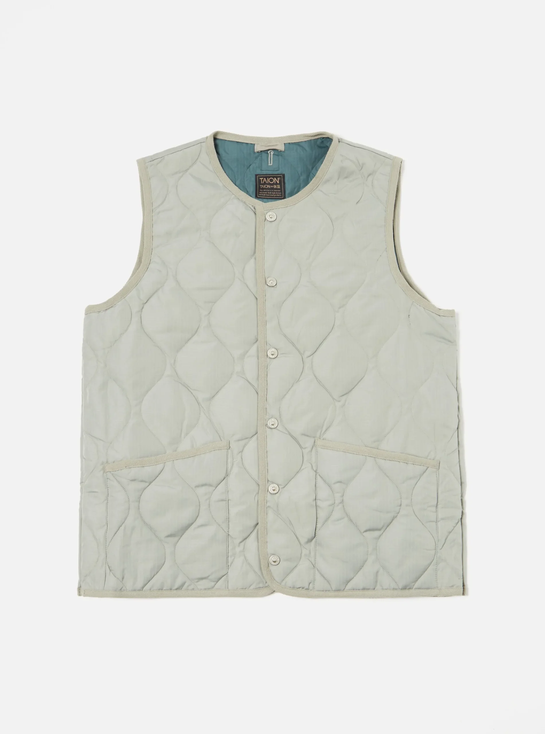 Clearance Taion Military Crew Neck Down Vest In Sage Green Ripstop Men Waistcoats & Gilets.