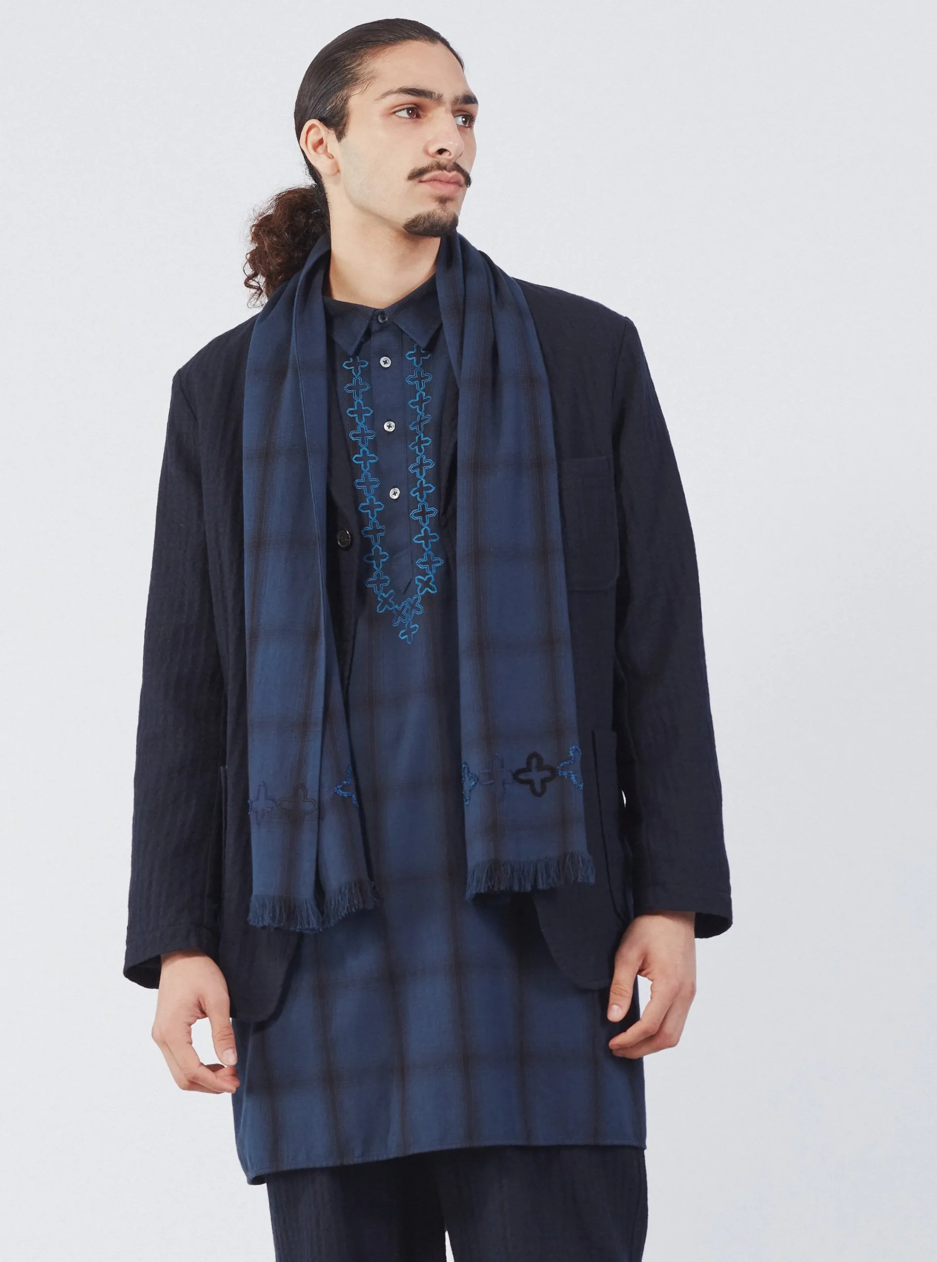 Hot Border Scarf In Navy Shadow Check Men Accessories.