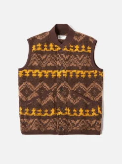 Store Button Front Gilet In Brown Moroccan Rug Fleece Men Fleece.