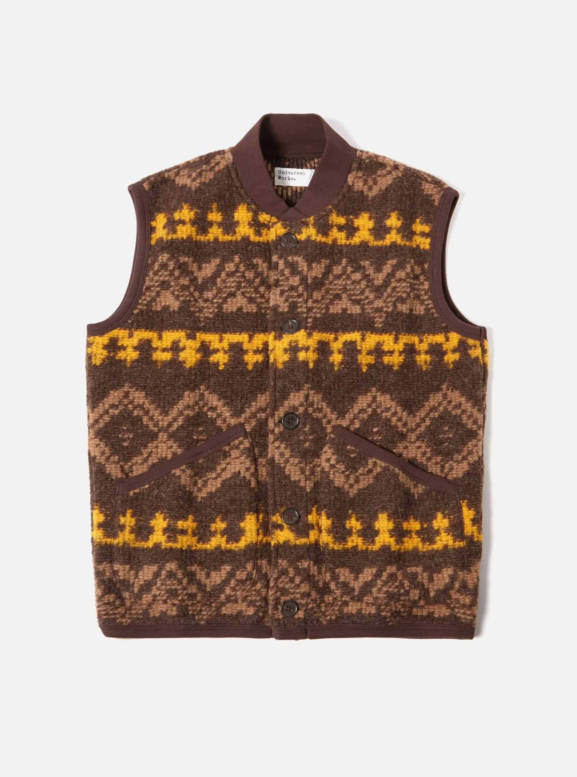 Store Button Front Gilet In Brown Moroccan Rug Fleece Men Fleece.