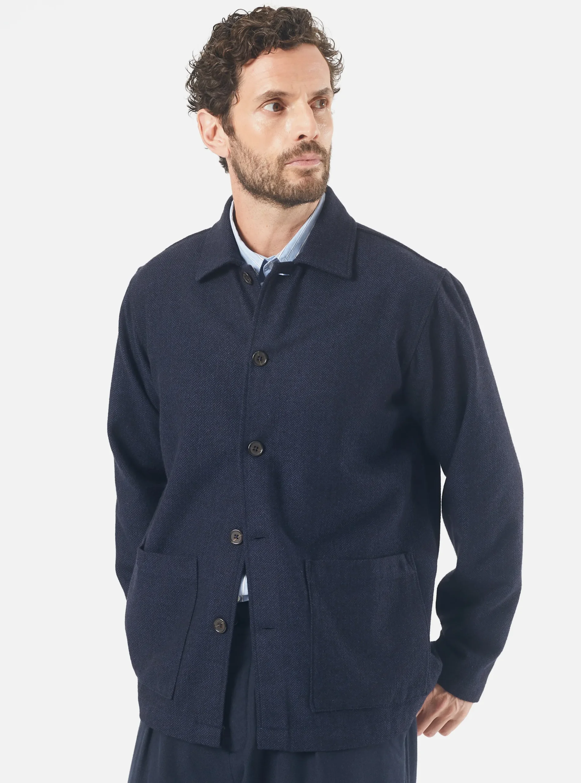 New Easy Overshirt In Navy Herringbone Recycled Wool Men Overshirts.