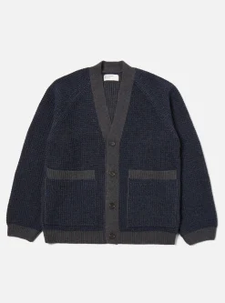 Clearance Jacquard Cardigan In Navy/Grey Italian Wool Men Knitwear.