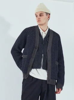 Clearance Jacquard Cardigan In Navy/Grey Italian Wool Men Knitwear.