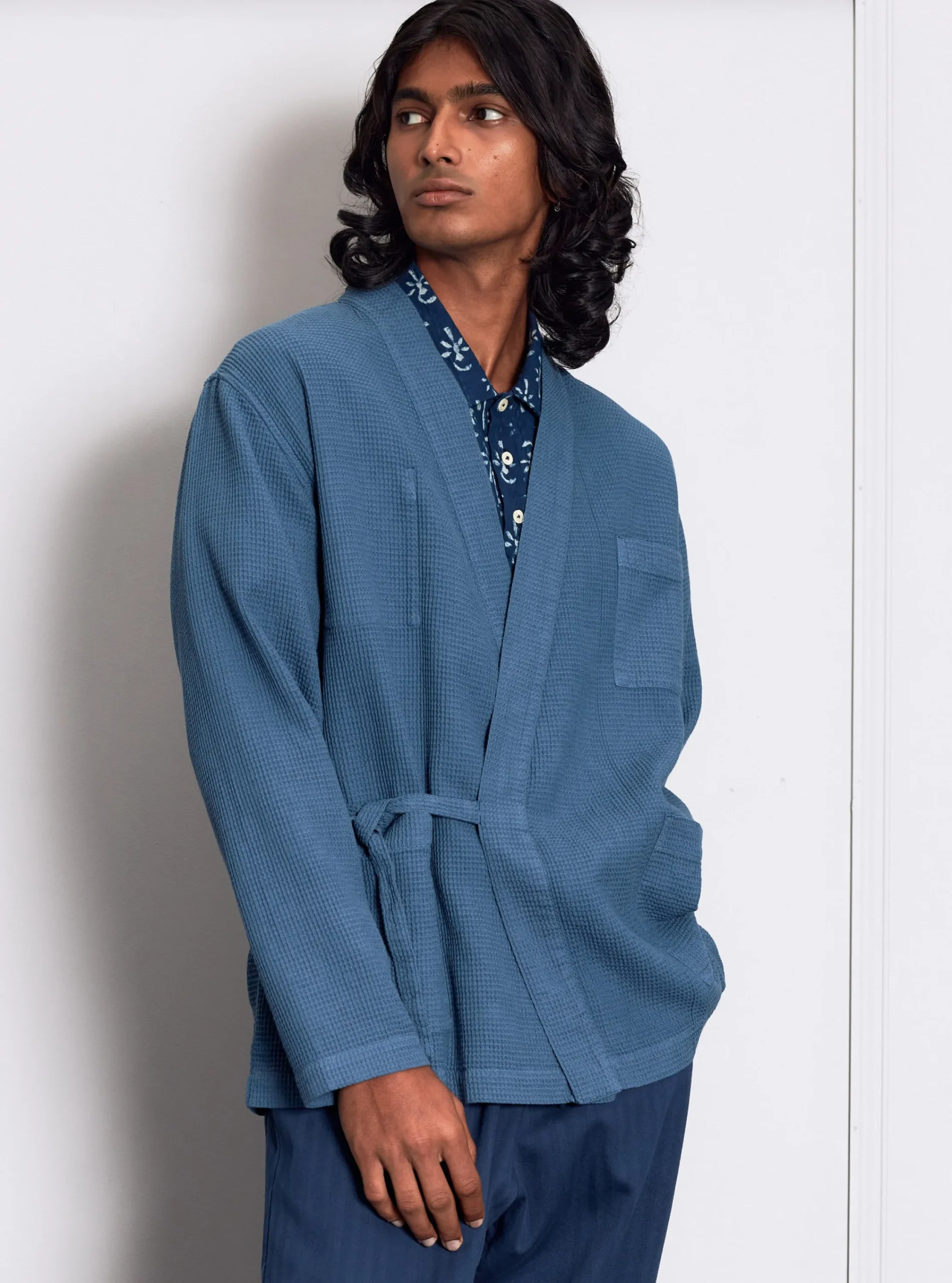 Cheap Kyoto Work Jacket In Faded Blue Japanese Waffle Men Jackets.