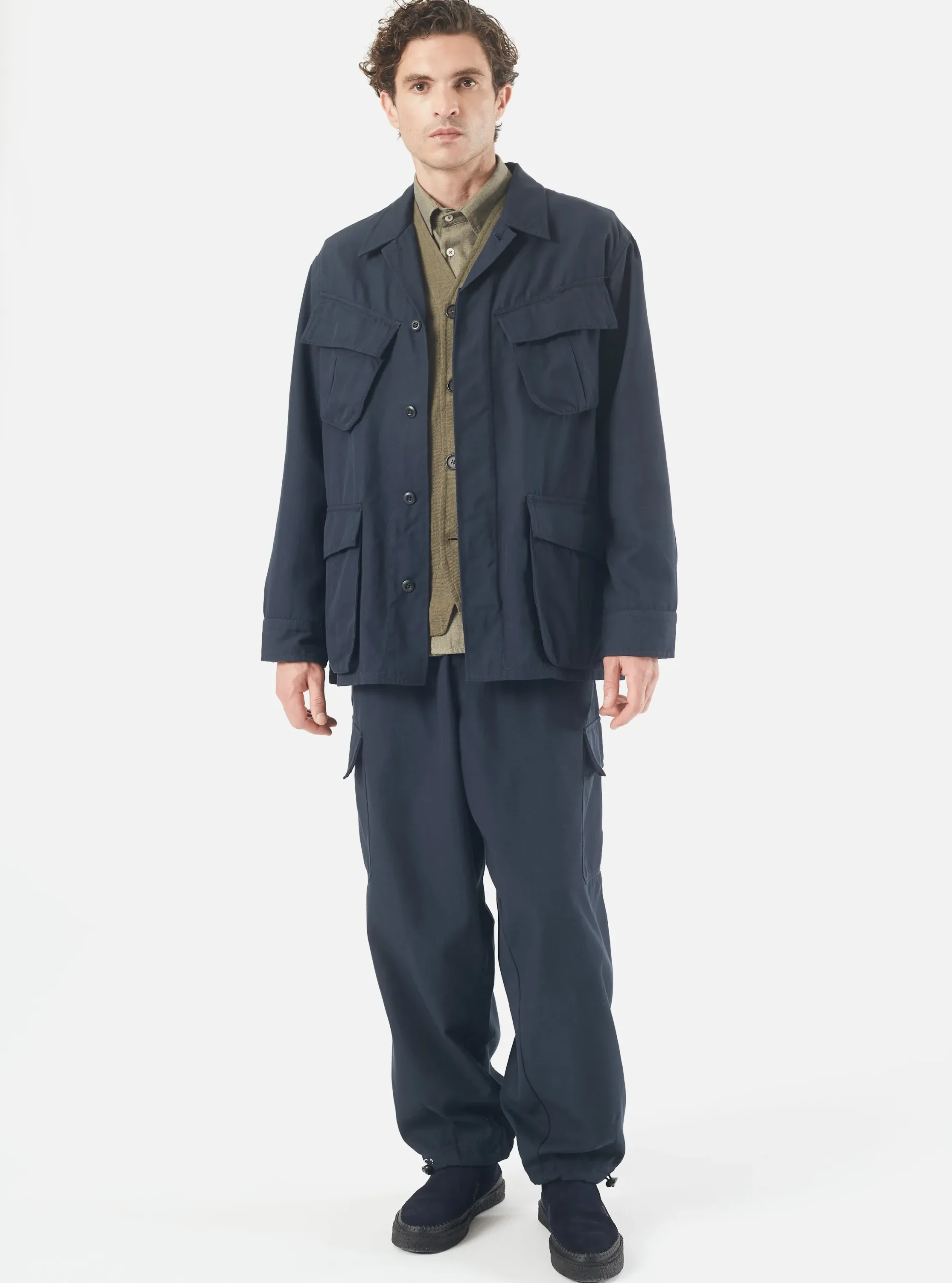 Hot Loose Cargo Pant In Navy Cotton/Nylon Serge Men Trousers.