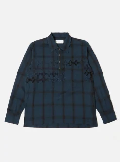 Flash Sale Ls Pullover Shirt In Navy Embroided Shadow Check Men Shirts.
