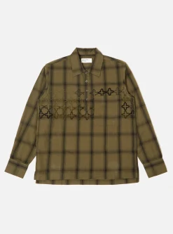 Outlet Ls Pullover Shirt In Olive Embroided Shadow Check Men Shirts.