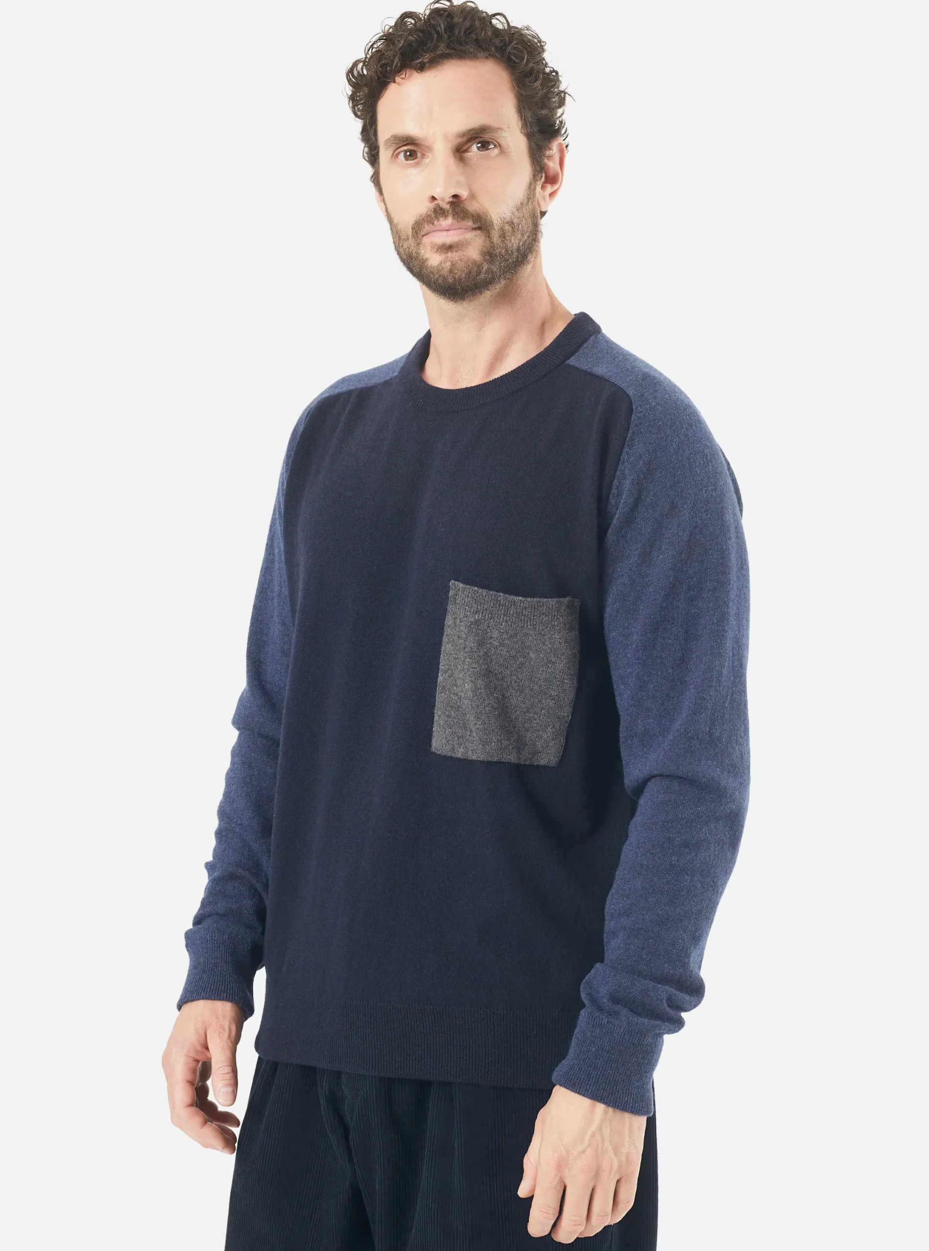 Flash Sale Mixed Saddle Sleeve Crew In Navy/Indigo Cashmere Wool Mix Men Knitwear.