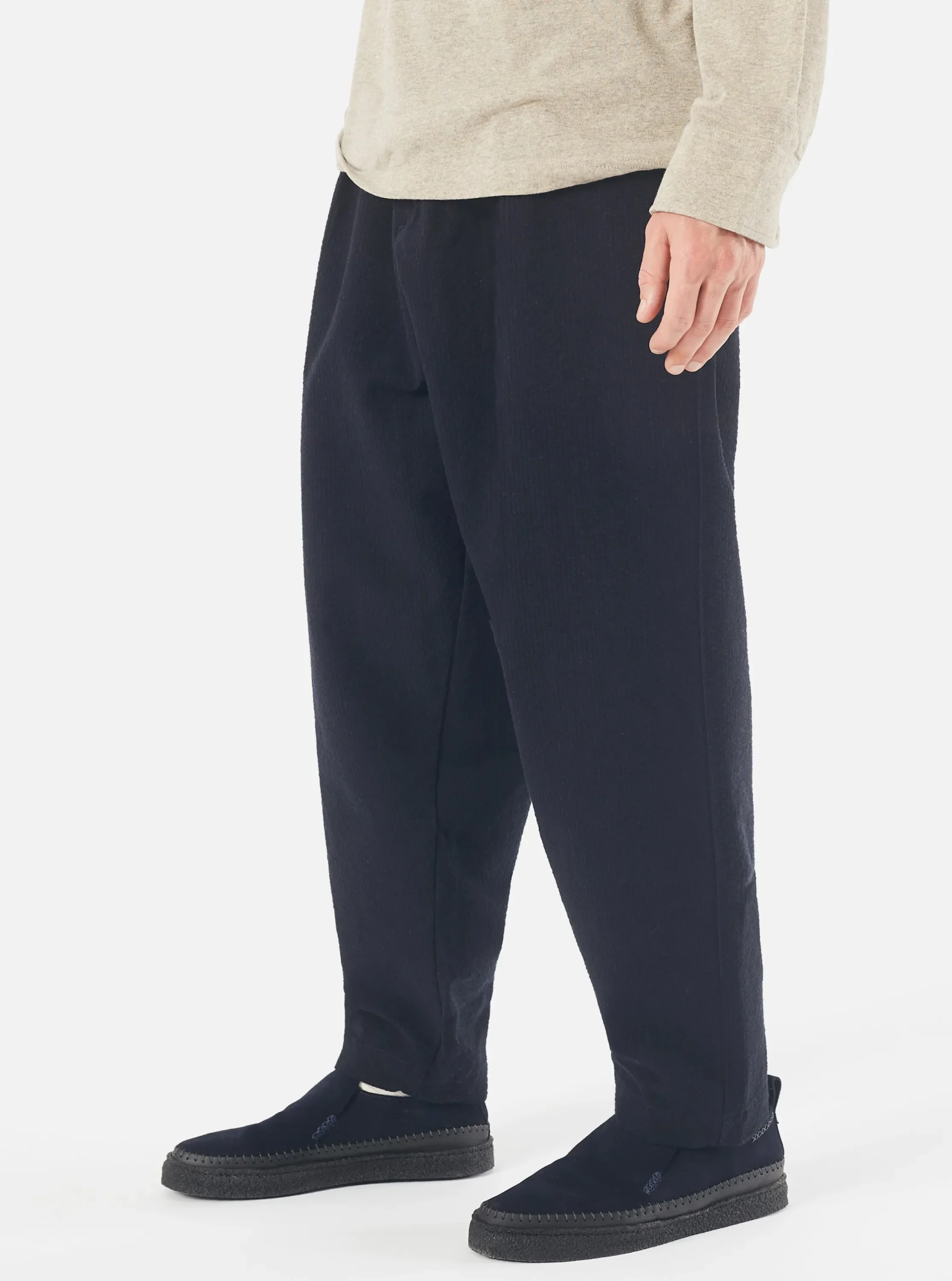 Cheap Pleated Track Pant In Navy Wool Cotton Seersucker Men Suiting.