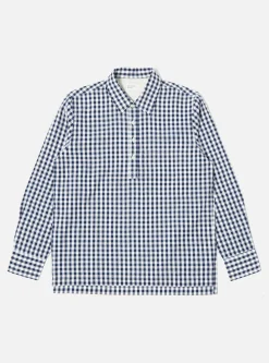 New Pullover L/S Shirt In Navy Gingham Seersucker Men Shirts.