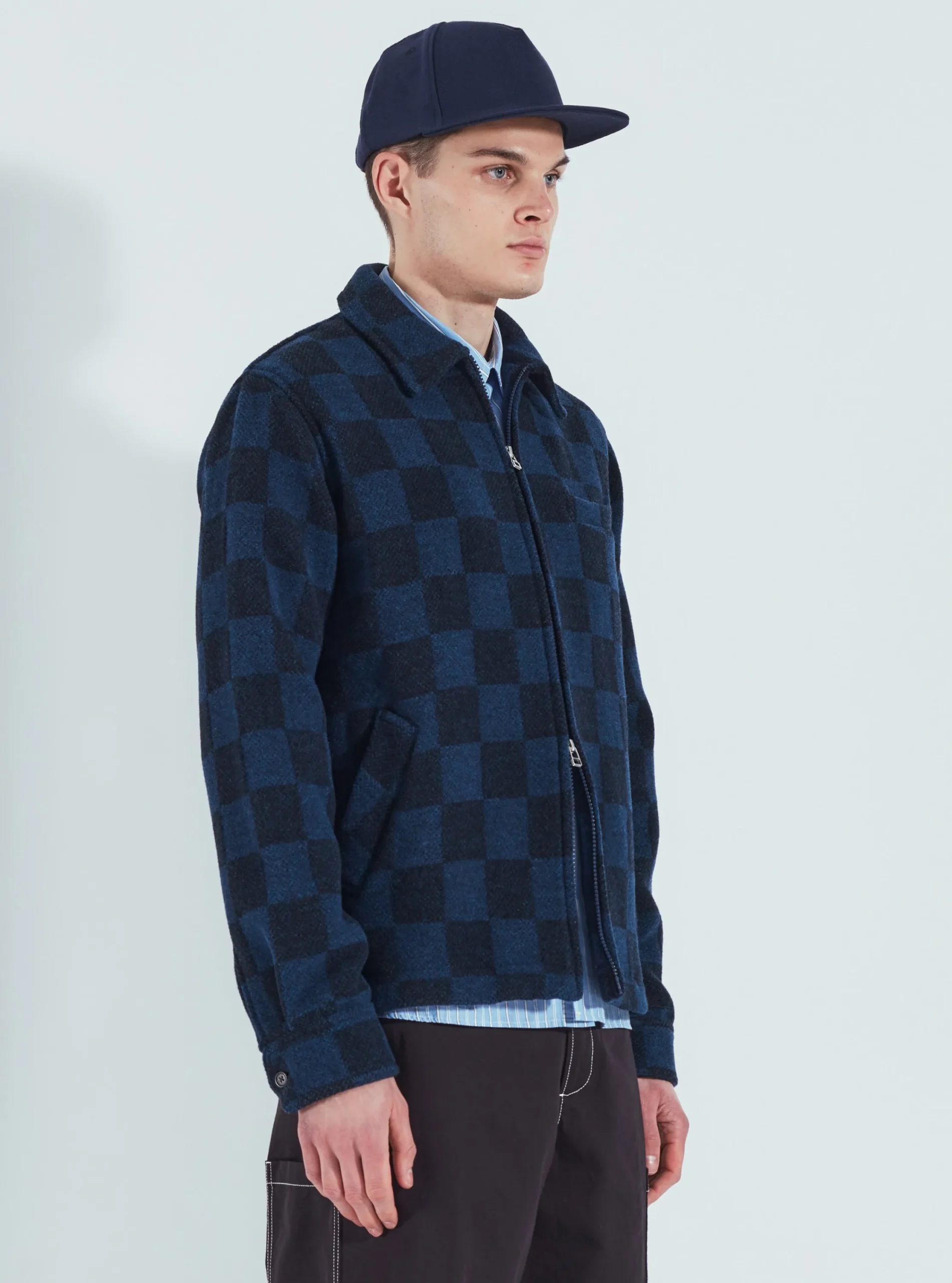 Store Windcheater Jacket In Navy Checkerboard Lambswool Men Jackets.