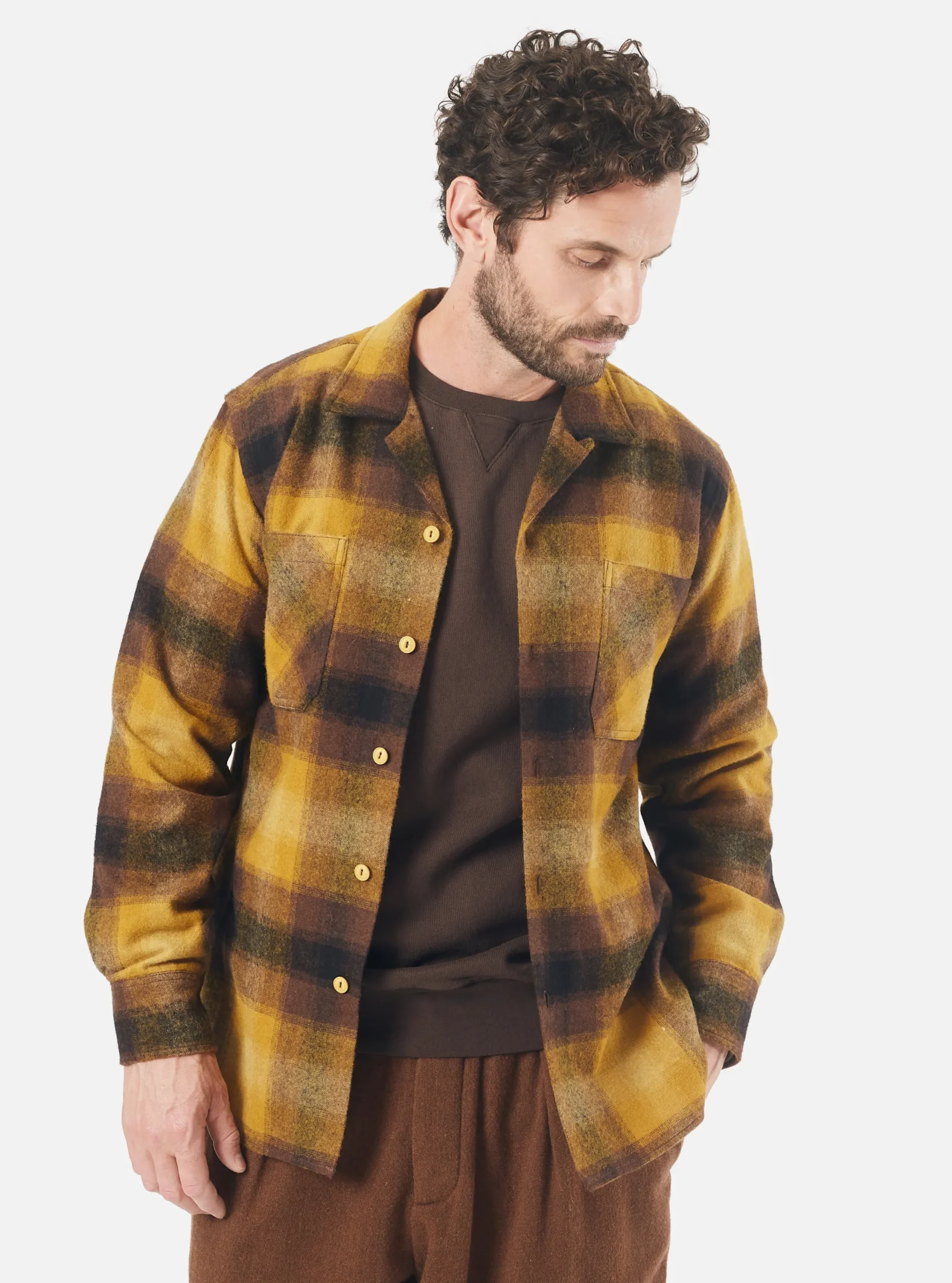 Fashion Work Shirt In Mustard Check Recycled Wool Mix Flannel Men Overshirts.
