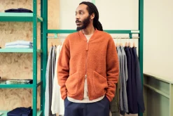 Clearance Zip Bomber In Orange Wool Fleece Men Fleece.